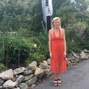 Alice + Olivia Orange Lace V-Neck Sleeveless Dress